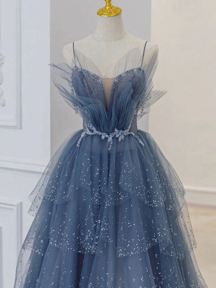 Vintage A line Straps Tulle Dusty Blue Long Prom Dress B589