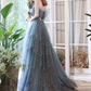 Vintage A line Straps Tulle Dusty Blue Long Prom Dress B589