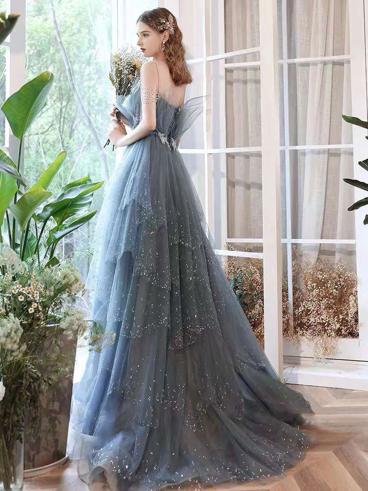 Vintage A line Straps Tulle Dusty Blue Long Prom Dress B589