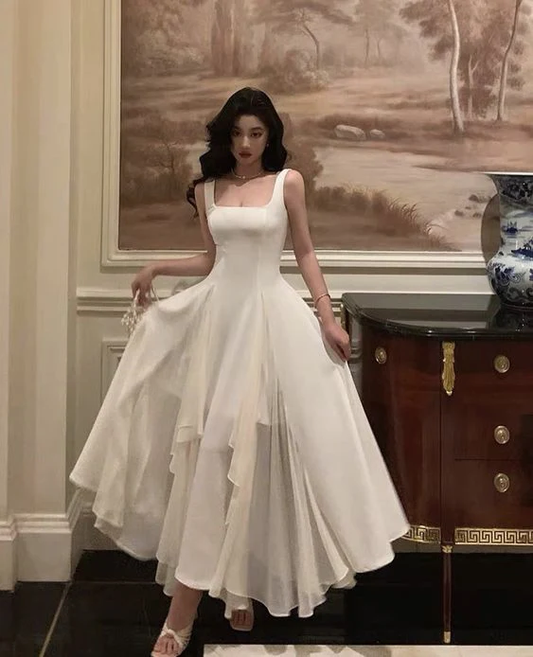 Vintage A line Straps White Long Prom Dress B592
