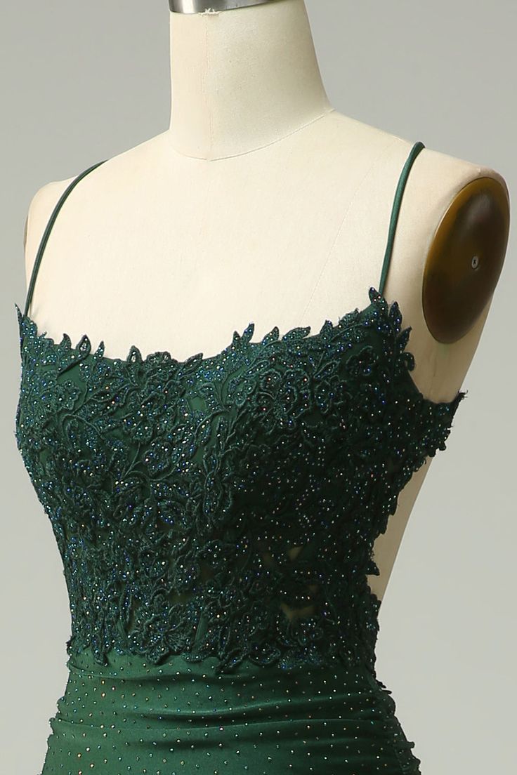 Robe de bal longue en dentelle vert foncé, bretelles sirène sexy, B604