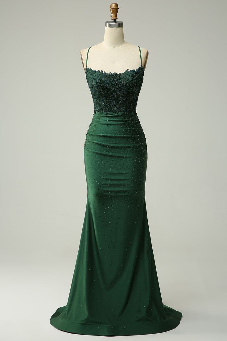 Robe de bal longue en dentelle vert foncé, bretelles sirène sexy, B604