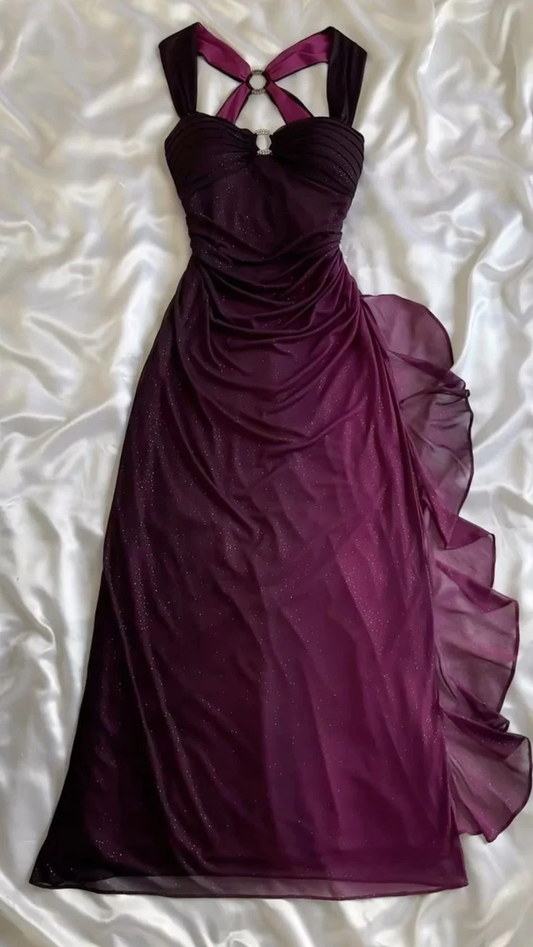 Shiny A Line Straps Ombre Grape Backless Long Chiffon Prom Dress B606