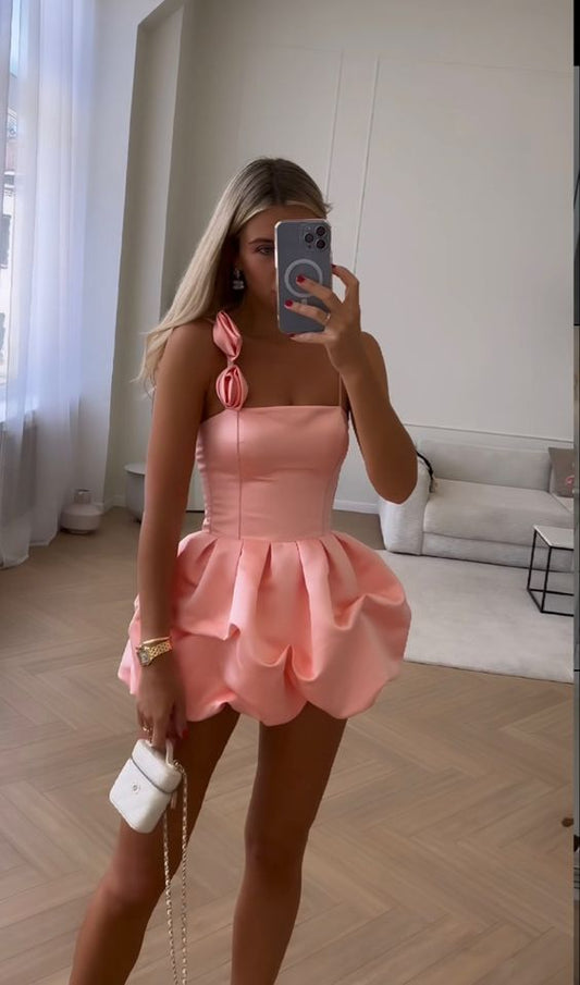 Simple Sheath Pink Ruffles Short Prom Dress B617