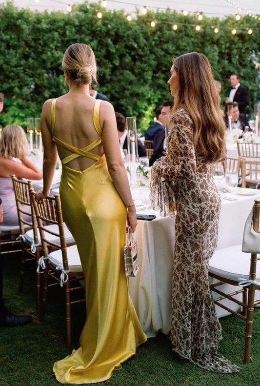 Sexy A Line Straps Backless Yellow Long Prom Dress B618