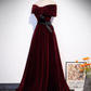 A-Line Off Shoulder Velvet Burgundy Long Prom Dress B622