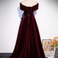 A-Line Off Shoulder Velvet Burgundy Long Prom Dress B622