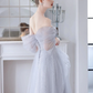 Robe de bal longue en Tulle gris à paillettes, Simple, ligne a, épaules dénudées, B623