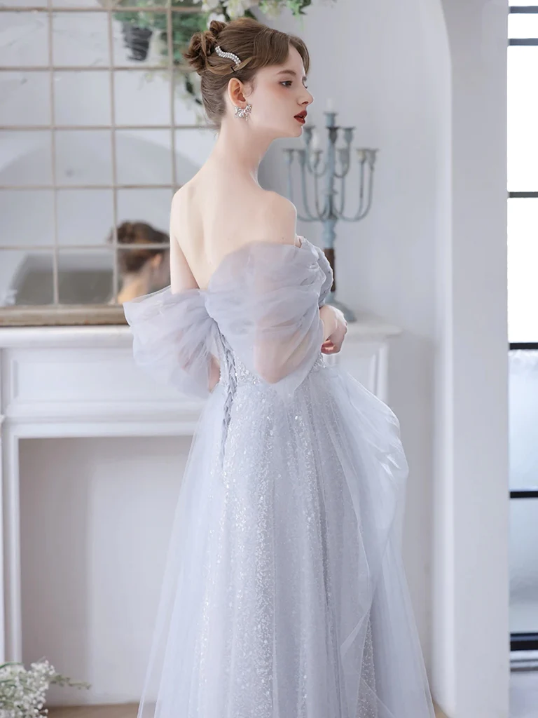 Robe de bal longue en Tulle gris à paillettes, Simple, ligne a, épaules dénudées, B623