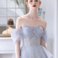Robe de bal longue en Tulle gris à paillettes, Simple, ligne a, épaules dénudées, B623