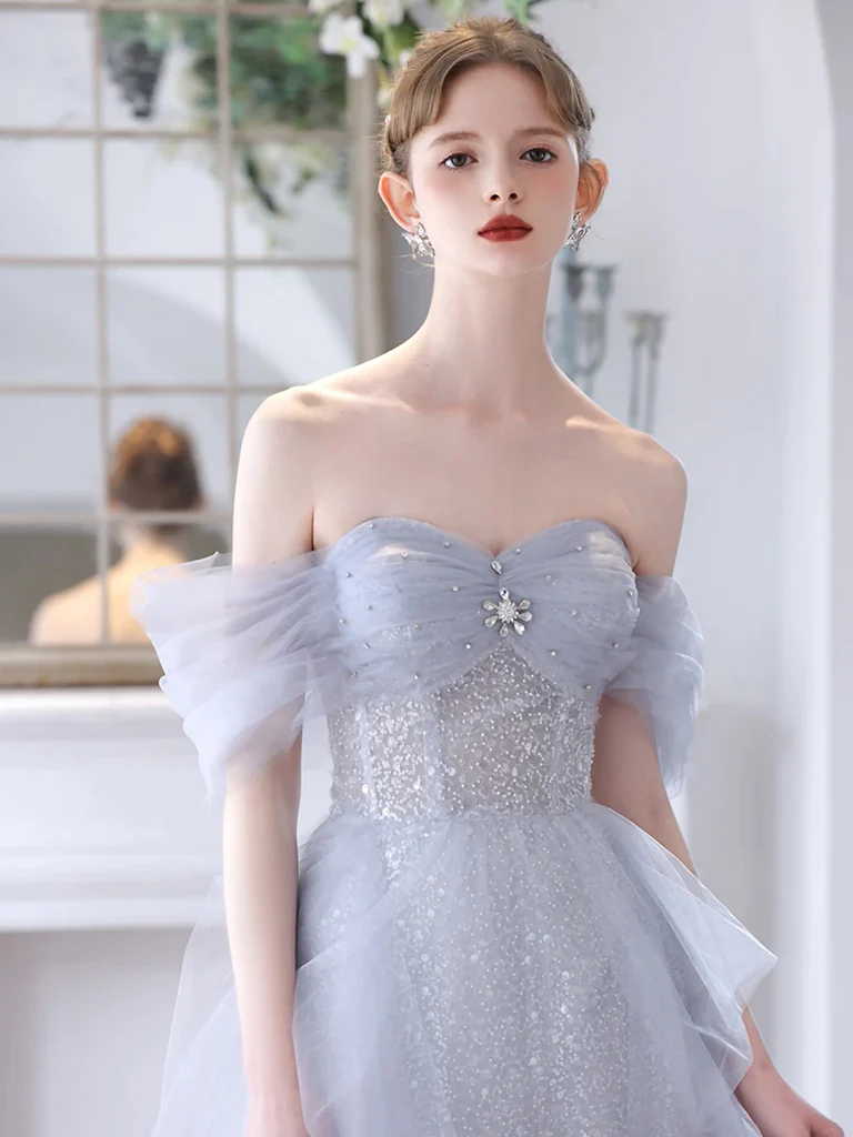 Robe de bal longue en Tulle gris à paillettes, Simple, ligne a, épaules dénudées, B623