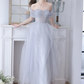 Robe de bal longue en Tulle gris à paillettes, Simple, ligne a, épaules dénudées, B623