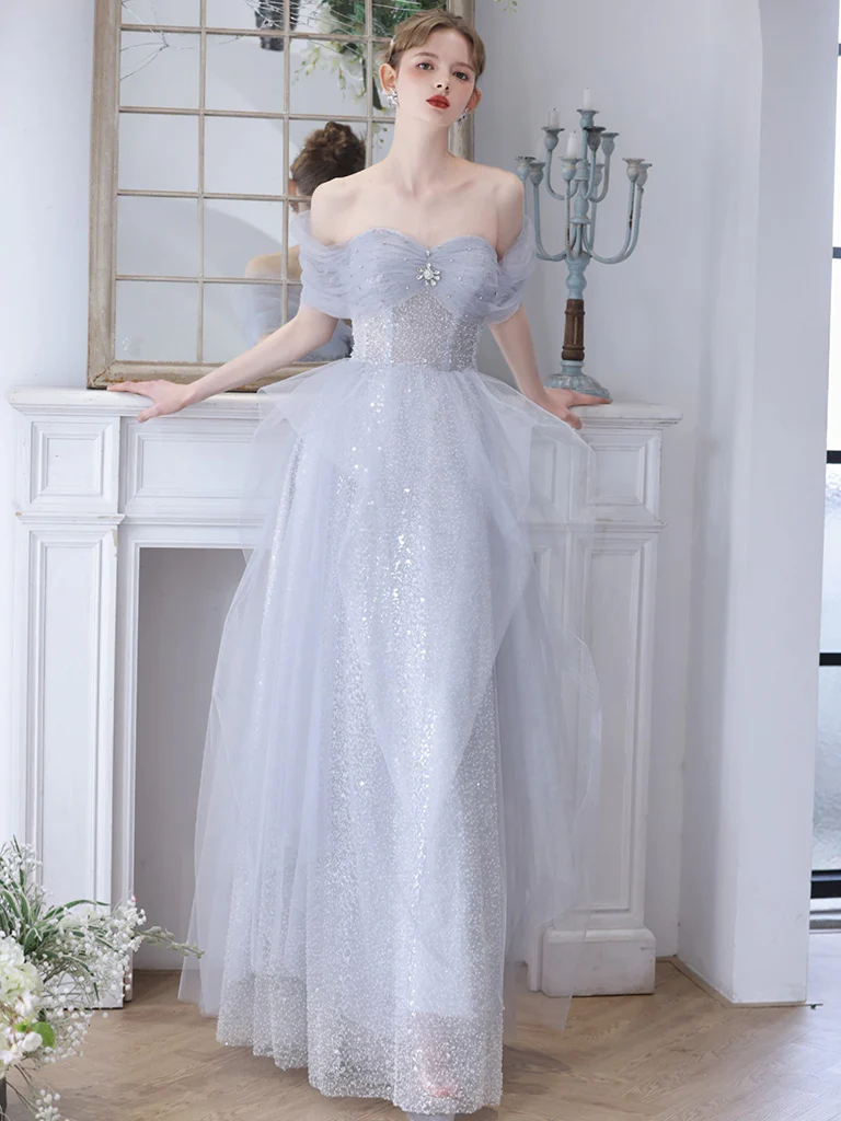 Robe de bal longue en Tulle gris à paillettes, Simple, ligne a, épaules dénudées, B623