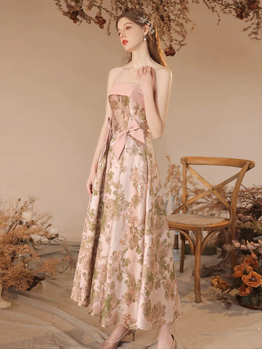 Simple A-Line Satin Tea Length Pink Prom Dress B626