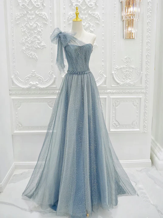 A-Line One Shoulder Tulle Sequin Gray Blue Long Prom Dress B627