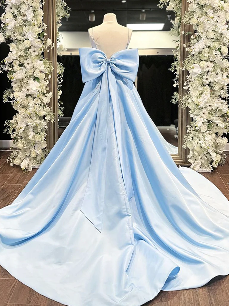 Simple A-Line Satin Blue Long prom Dress B628