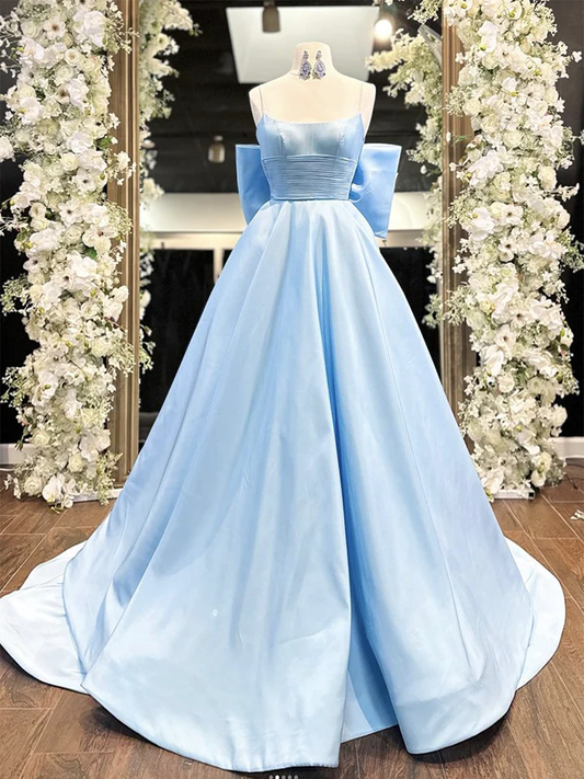 Simple A-Line Satin Blue Long prom Dress B628