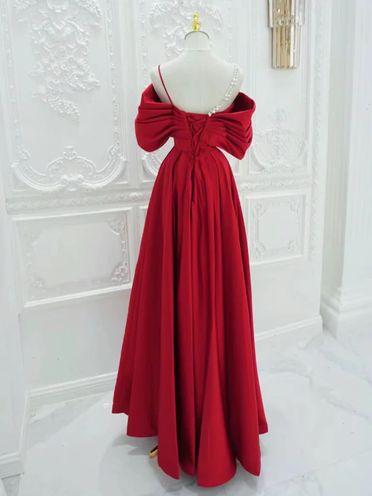Red A-Line Off Shoulder Satin Long Prom Dress B629