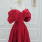 Red A-Line Off Shoulder Satin Long Prom Dress B629