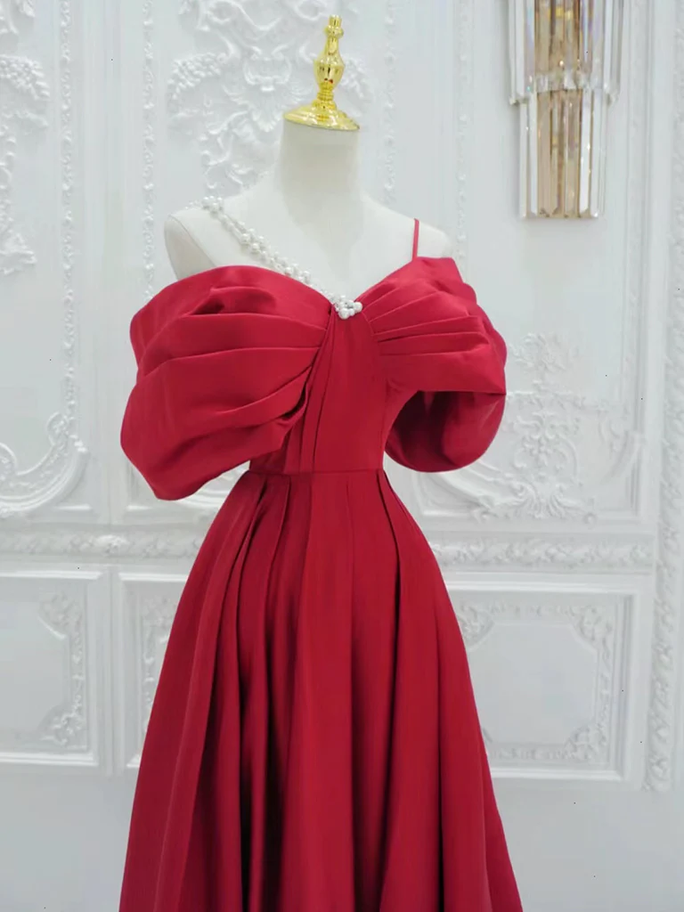 Red A-Line Off Shoulder Satin Long Prom Dress B629
