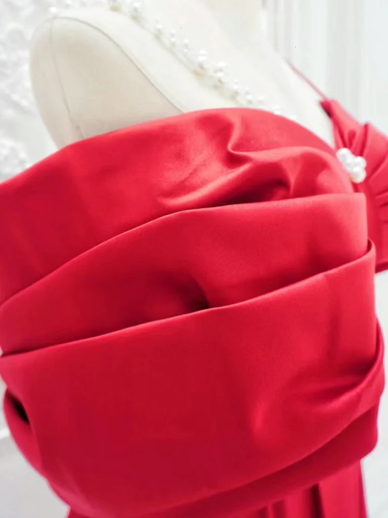 Red A-Line Off Shoulder Satin Long Prom Dress B629