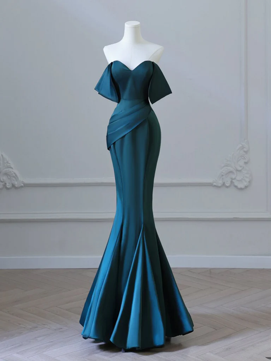 Simple Off Shoulder Satin Ink Blue Long Prom Dress B630
