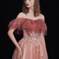 A-Line Off Shoulder Tulle Lace Burgundy Long Prom Dress B632