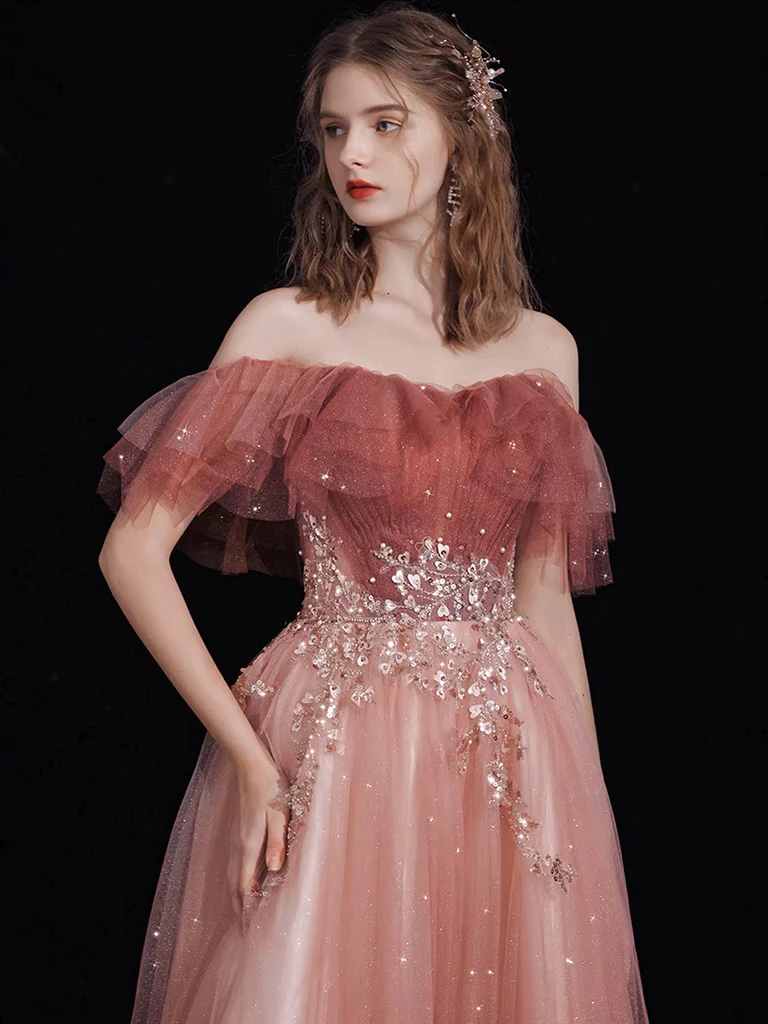 A-Line Off Shoulder Tulle Lace Burgundy Long Prom Dress B632