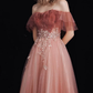 A-Line Off Shoulder Tulle Lace Burgundy Long Prom Dress B632