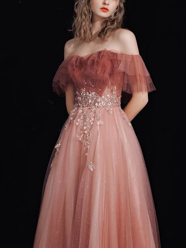 A-Line Off Shoulder Tulle Lace Burgundy Long Prom Dress B632