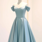 Robe de bal longue en satin bleu à épaules dénudées A-Line B634