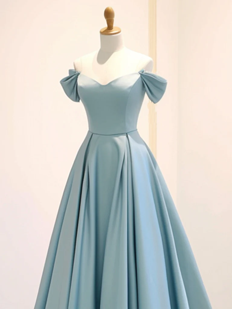Robe de bal longue en satin bleu à épaules dénudées A-Line B634