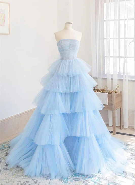 Beautiful Blue Layers Tulle Long Prom Dresses B638