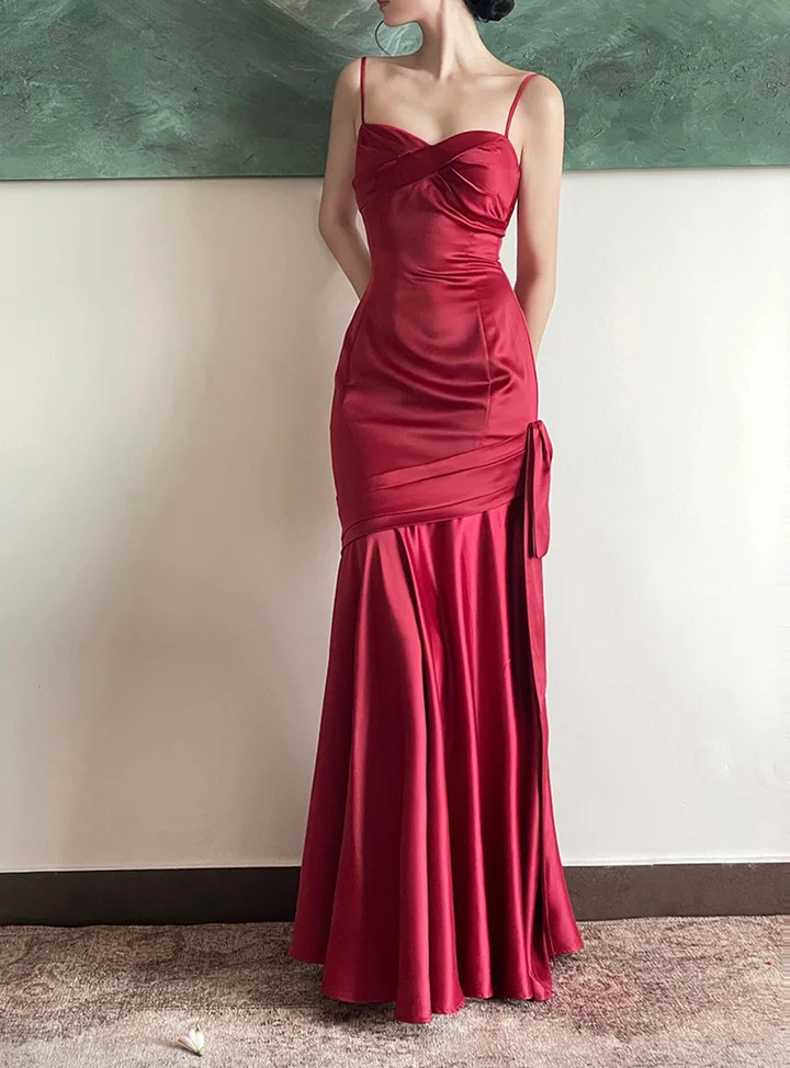 Wine Red Satin Straps Long Evening Dress Prom Dress B639