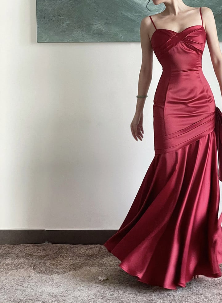 Wine Red Satin Straps Long Evening Dress Prom Dress B639