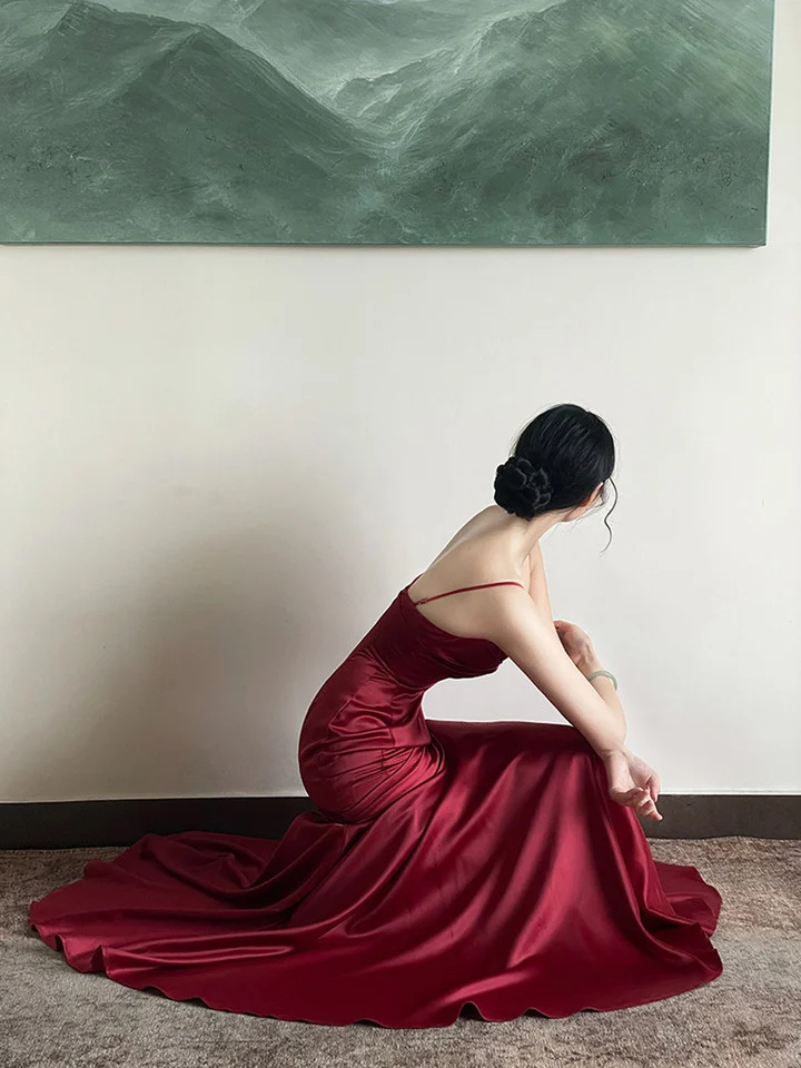 Wine Red Satin Straps Long Evening Dress Prom Dress B639