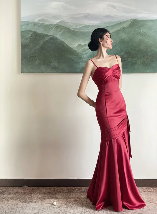 Wine Red Satin Straps Long Evening Dress Prom Dress B639