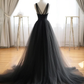 Simple A line Black V Neck Tulle Long Prom Dresses B641