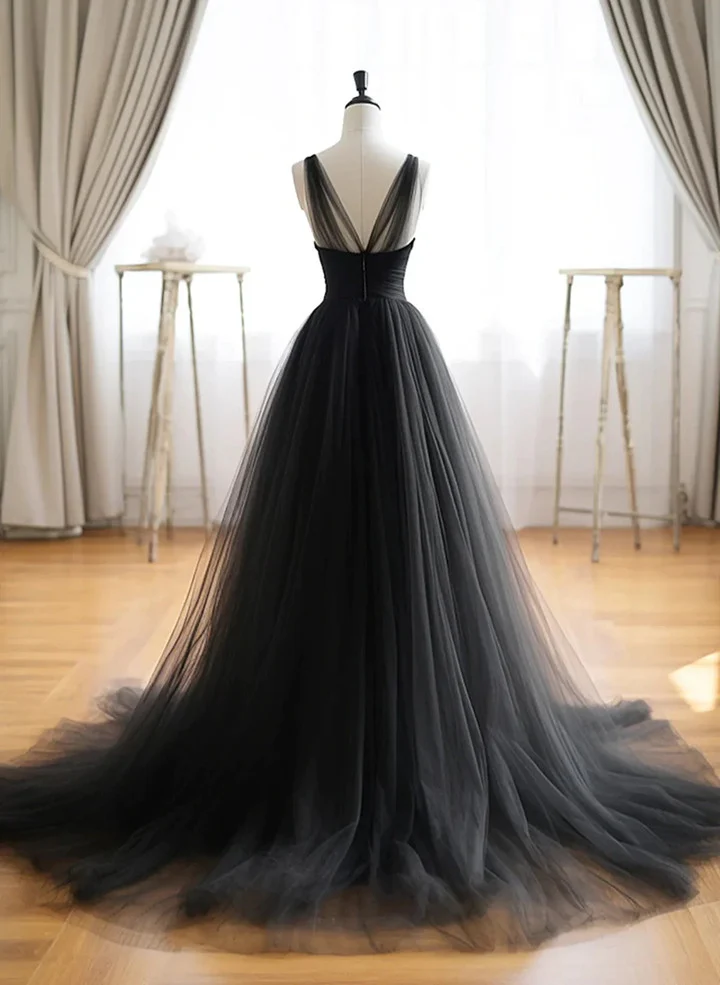 Simple A line Black V Neck Tulle Long Prom Dresses B641