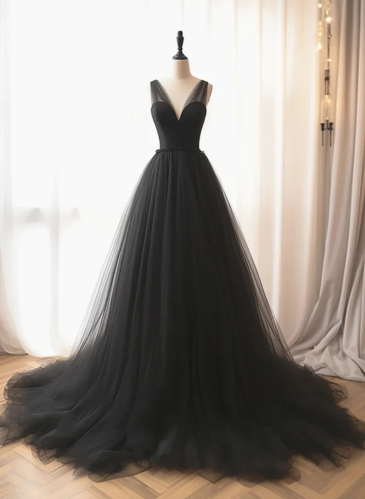 Simple A line Black V Neck Tulle Long Prom Dresses B641