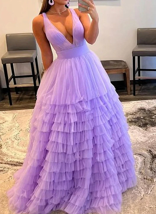 Light Purple V Neckline Tulle Layers Long Party Dress Prom Dresses B642