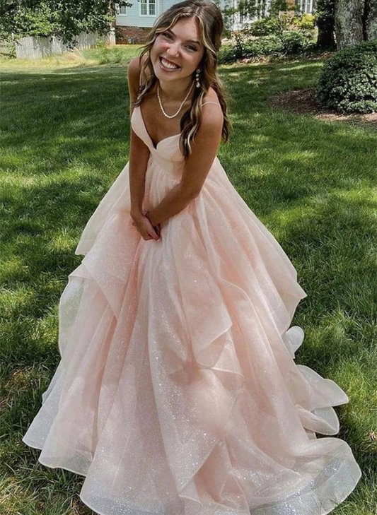 Lovely Pink Shiny Tulle V Neck Backless Prom Dress B645