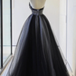 Belle robe de bal longue en dentelle de tulle sans bretelles noire B648