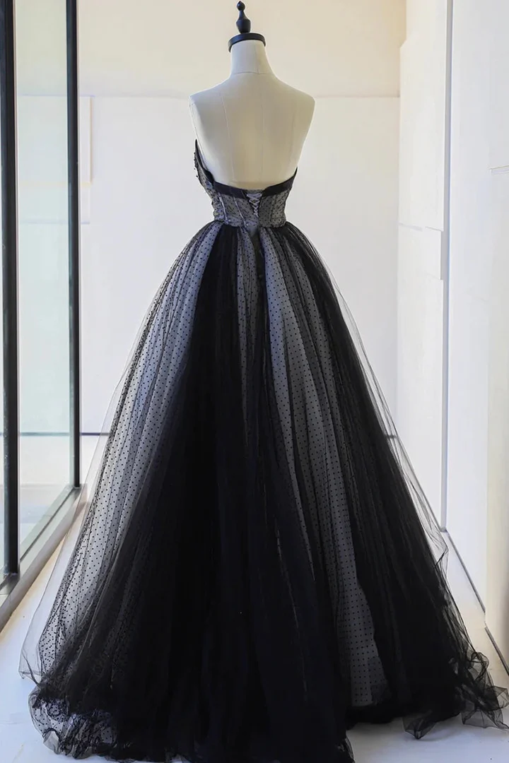 Lovely Black Strapless Tulle Lace Long Prom Dress B648