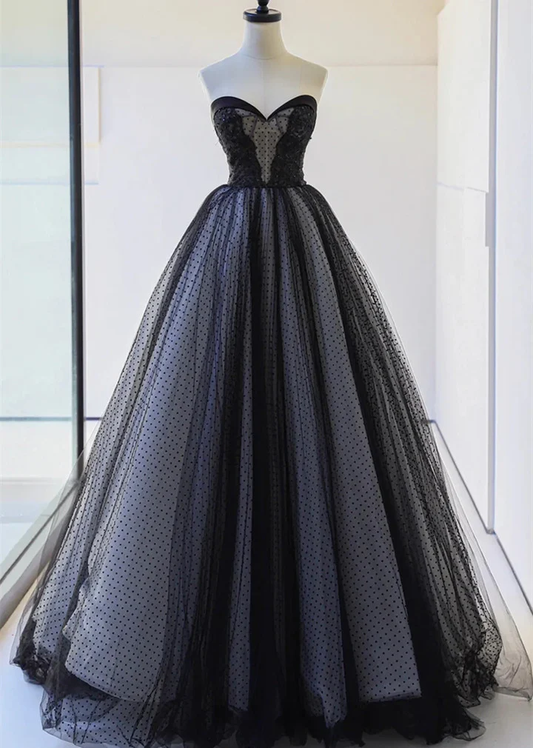 Belle robe de bal longue en dentelle de tulle sans bretelles noire B648