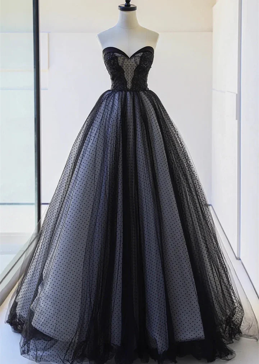 Lovely Black Strapless Tulle Lace Long Prom Dress B648