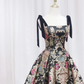 Black Satin Straps A-line Floral Long Formal Dress Prom Dress B649
