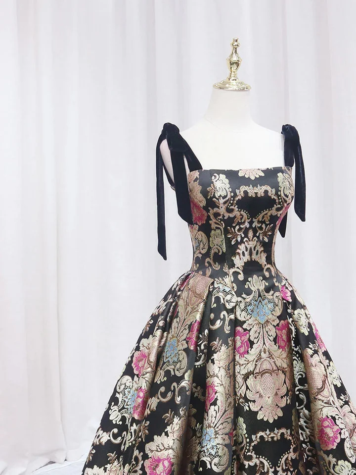 Black Satin Straps A-line Floral Long Formal Dress Prom Dress B649
