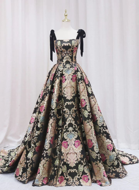 Black Satin Straps A-line Floral Long Formal Dress Prom Dress B649
