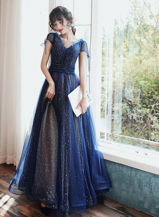 Navy Blue V-neckline Tulle Long Party Dress Prom Dress B651